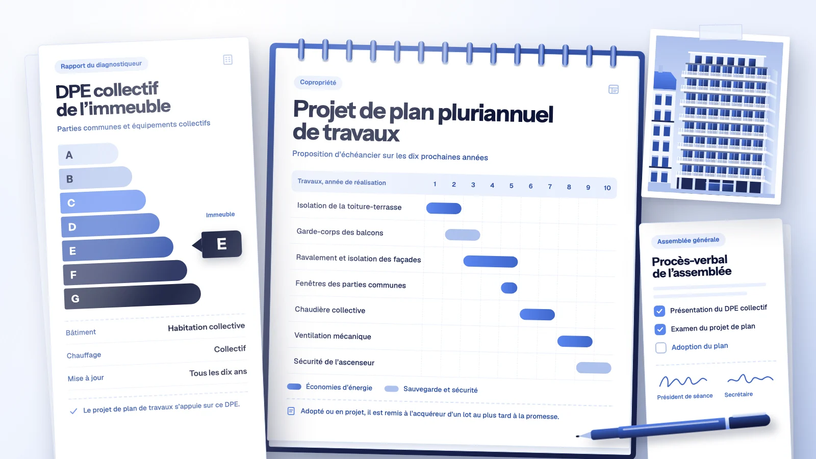 Audit énergétique copropriété : DPE collectif de l’immeuble classé E, projet de plan pluriannuel de travaux sur dix ans et procès-verbal d’assemblée