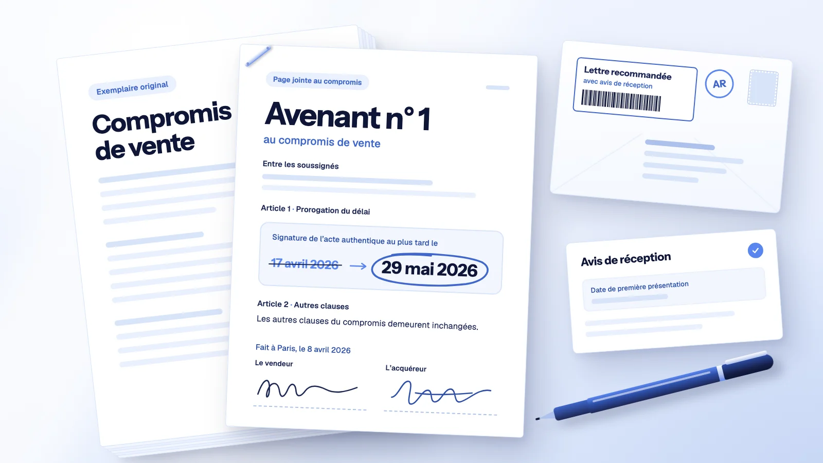 Avenant compromis de vente : page « Avenant n° 1 » agrafée au compromis, nouvelle date de l’acte entourée au stylo bleu, deux signatures et lettre recommandée