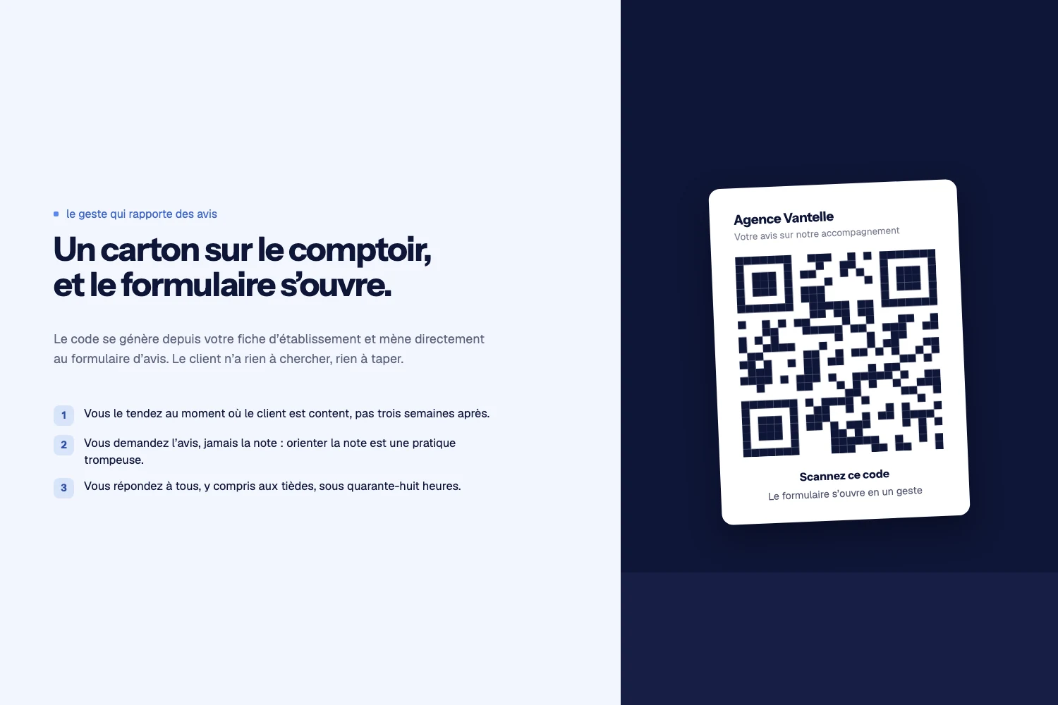 Carton au nom d’une agence portant un code à scanner, présenté à côté des trois règles de la demande d’avis