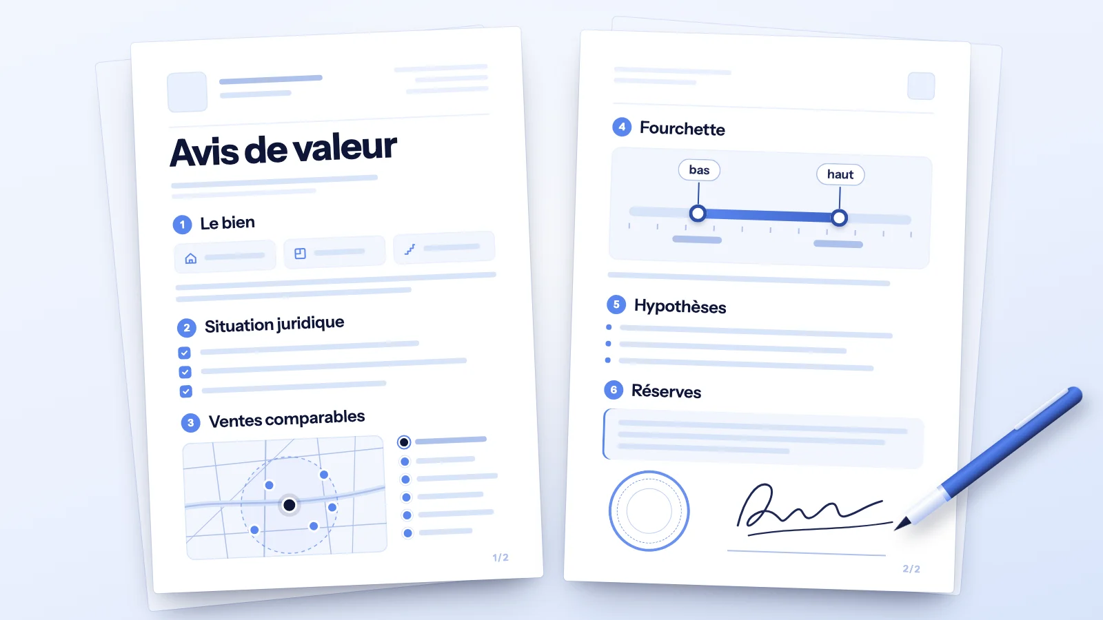 Avis de valeur immobilier fictif sur deux pages : le bien, un plan des ventes comparables, une fourchette entre deux repères, les réserves et la signature.