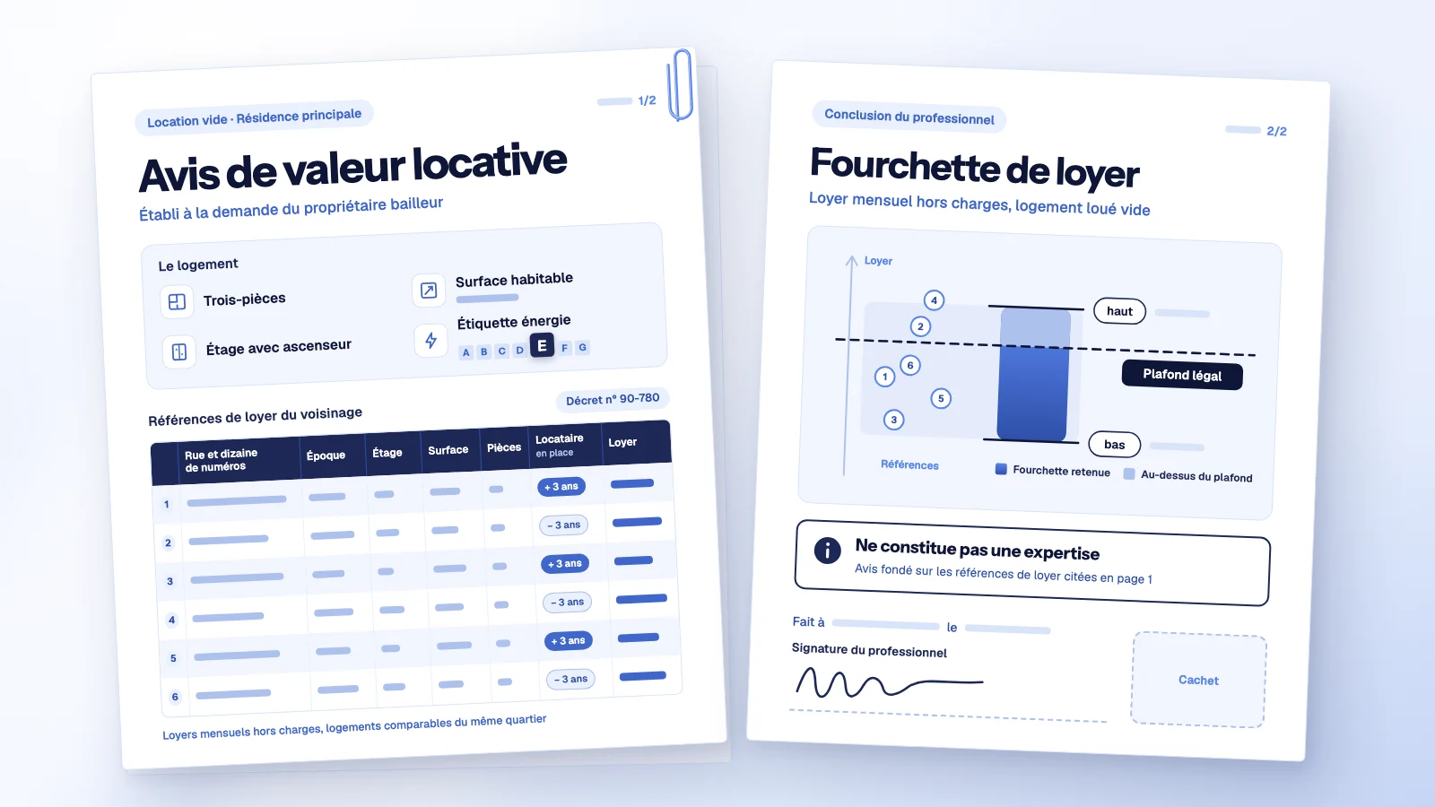 Deux pages d’un avis de valeur locative : le logement, six références de loyer du voisinage, une fourchette coupée par le plafond légal et la signature