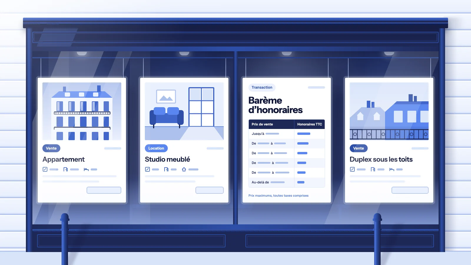 Barème d’honoraires d’agence immobilière en tableau, affiché dans la vitrine d’une agence entre des annonces de vente et de location au même format
