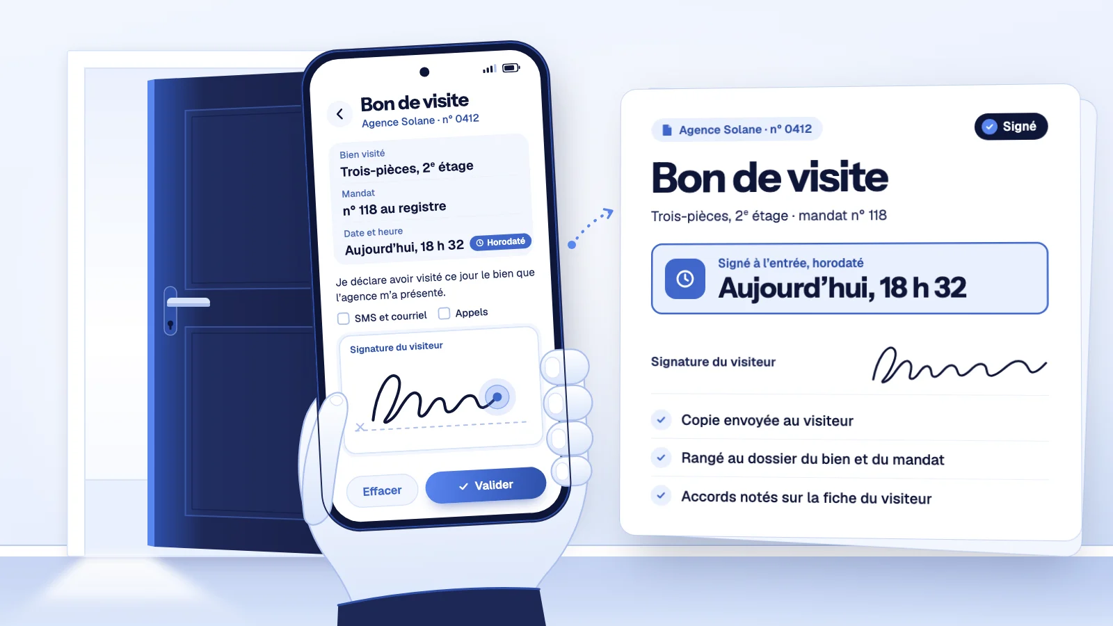Bon de visite immobilier signé au doigt sur un téléphone tenu devant une porte entrouverte, puis horodaté, copié au visiteur et rangé au dossier du bien