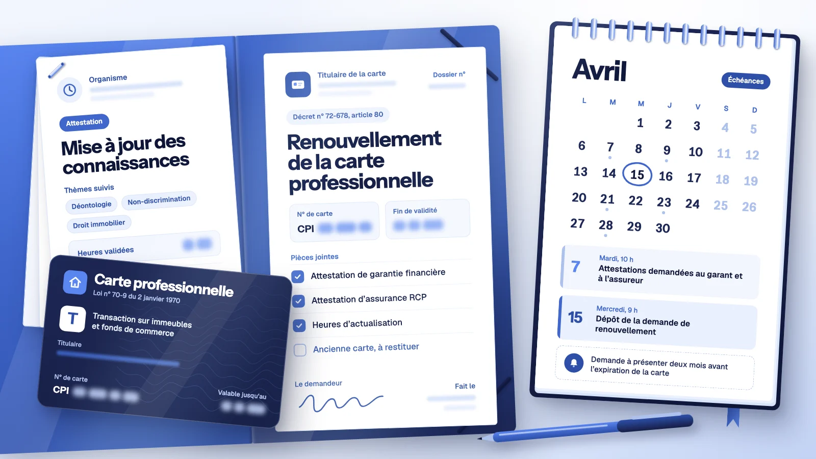 Carte professionnelle immobilière de mention T posée sur une chemise ouverte, près du formulaire de renouvellement, des attestations agrafées et d’un agenda