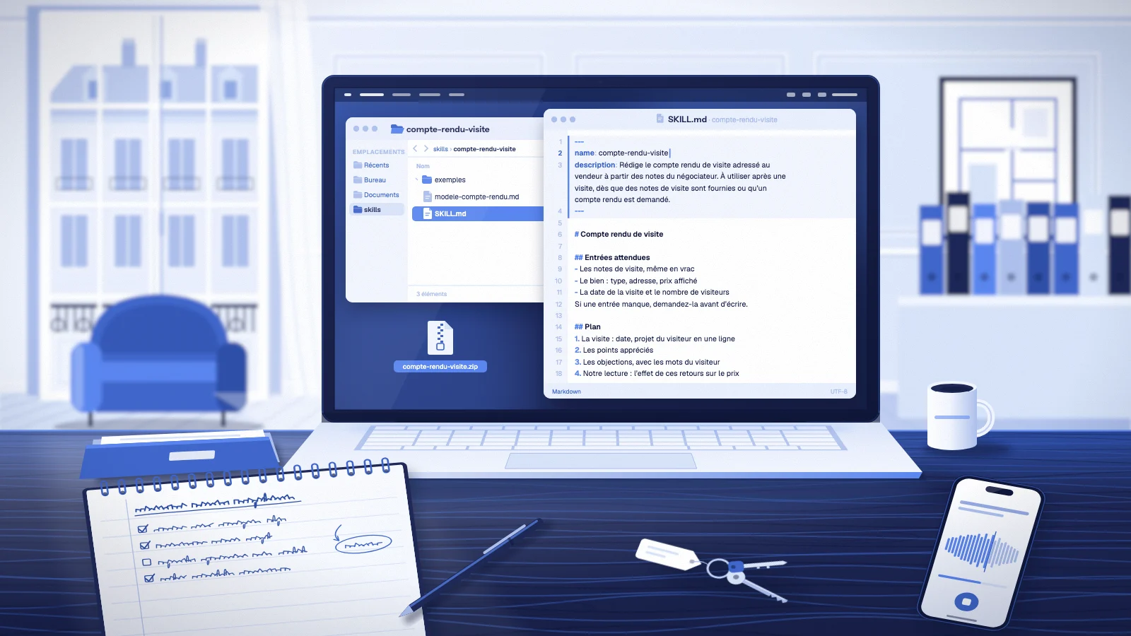 Claude Skills en agence : le dossier compte-rendu-visite et son fichier SKILL.md ouverts sur un portable, près d’un carnet de notes de visite.