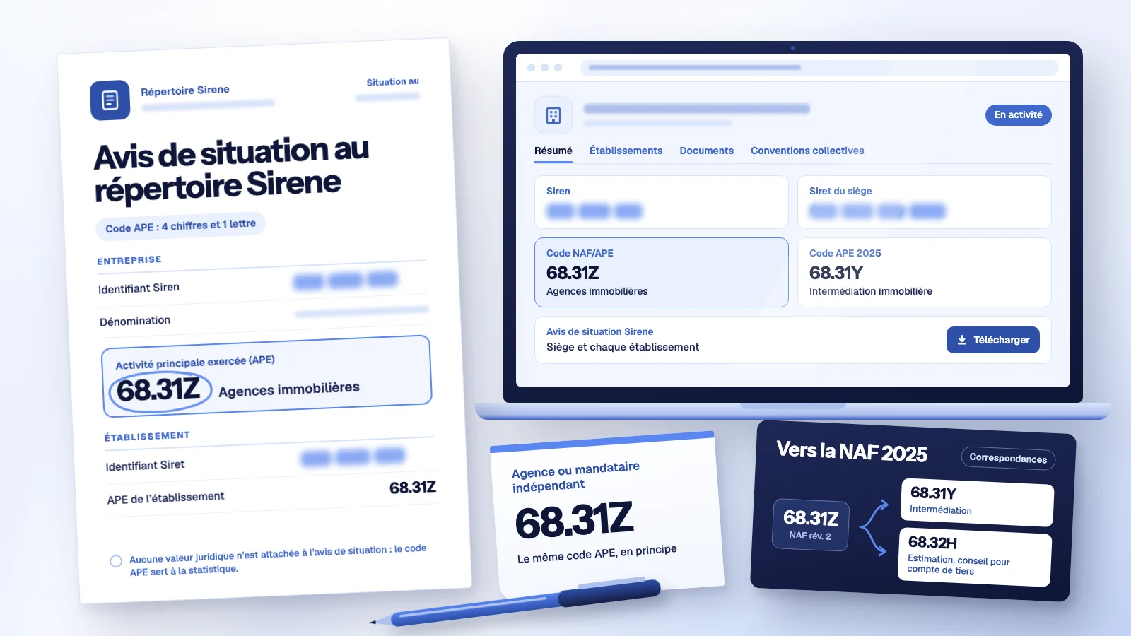 Le code NAF agent immobilier 68.31Z entouré sur un avis de situation Sirene, près d’un ordinateur ouvert sur une fiche d’entreprise et du futur code 68.31Y