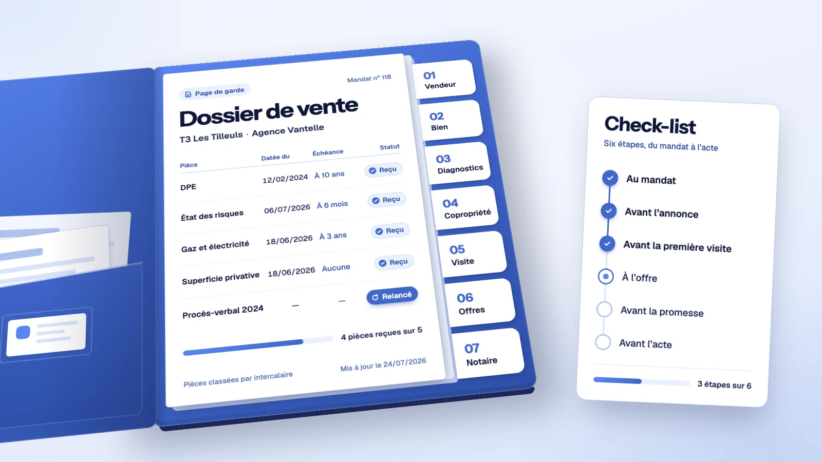 Pochette bleue d’un dossier de vente immobilier ouverte sur sept intercalaires, de 01 Vendeur à 07 Notaire, avec une page de garde qui suit cinq pièces et une check-list en six étapes