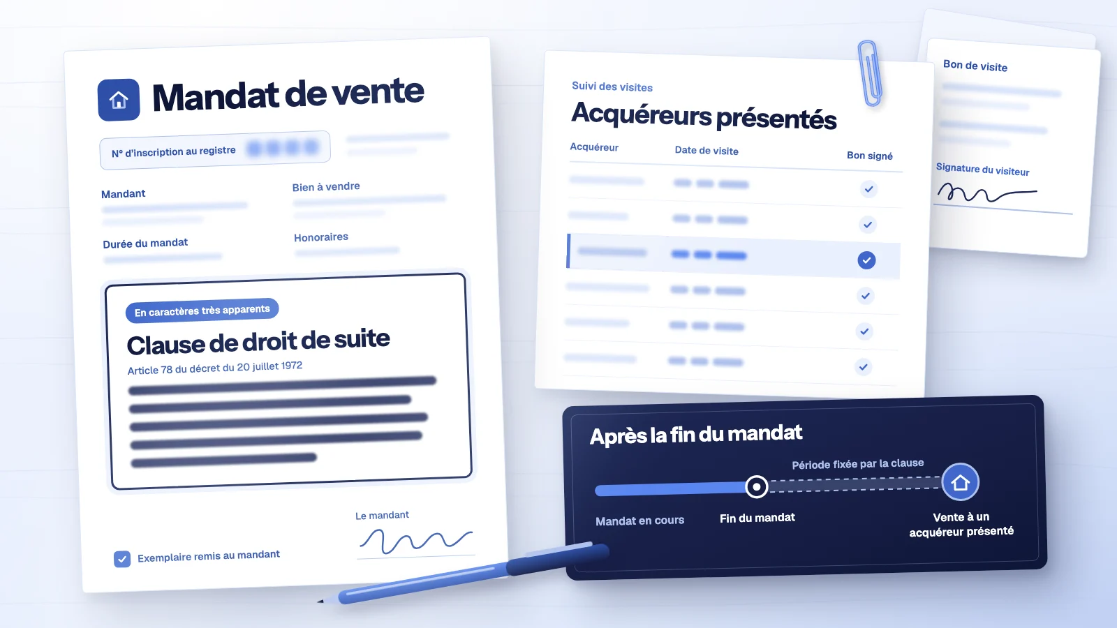 Droit de suite immobilier : mandat de vente avec sa clause encadrée, liste des acquéreurs présentés et frise de la période qui suit la fin du mandat