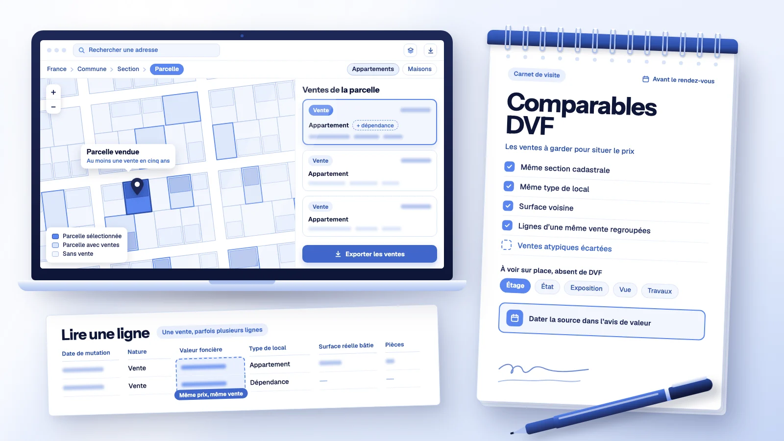 Interface type DVF gouv sur un portable : parcelle vendue sur la carte cadastrale, liste des ventes, lecture d’une ligne et carnet de comparables