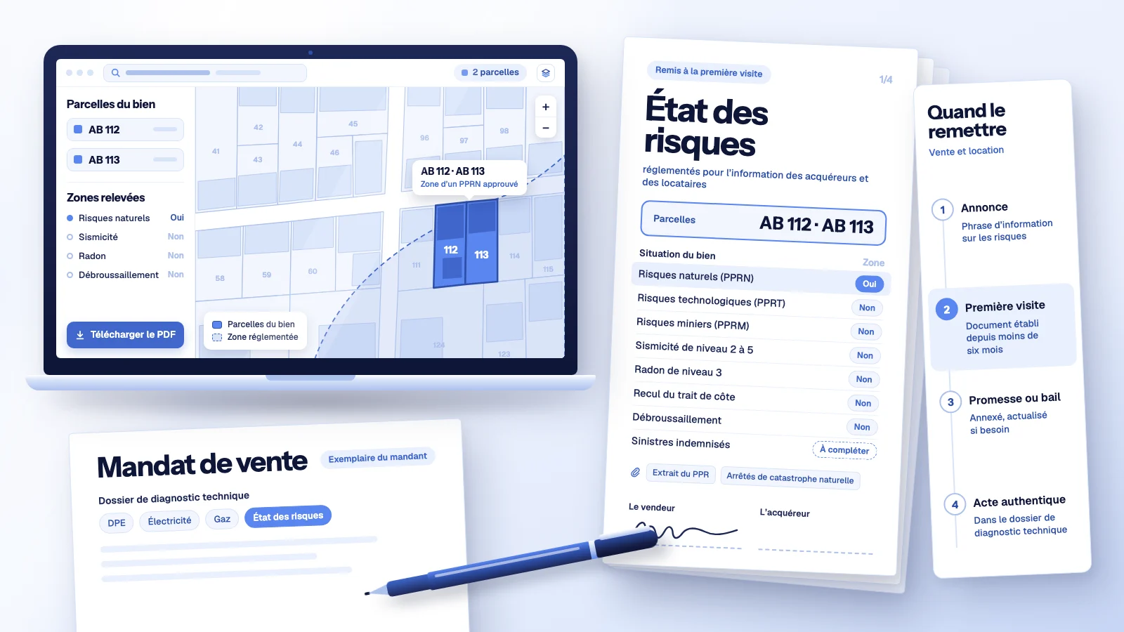 Carte cadastrale à l’écran avec deux parcelles en bleu, état des risques ERP imprimé, mandat de vente et frise des quatre moments où le remettre