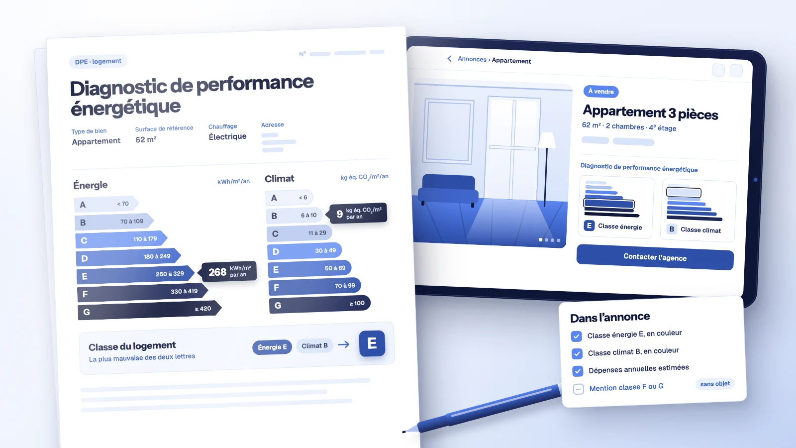 Rapport imprimé avec l’étiquette DPE énergie et climat d’un appartement classé E, posé à côté d’une tablette affichant l’annonce avec ses deux classes