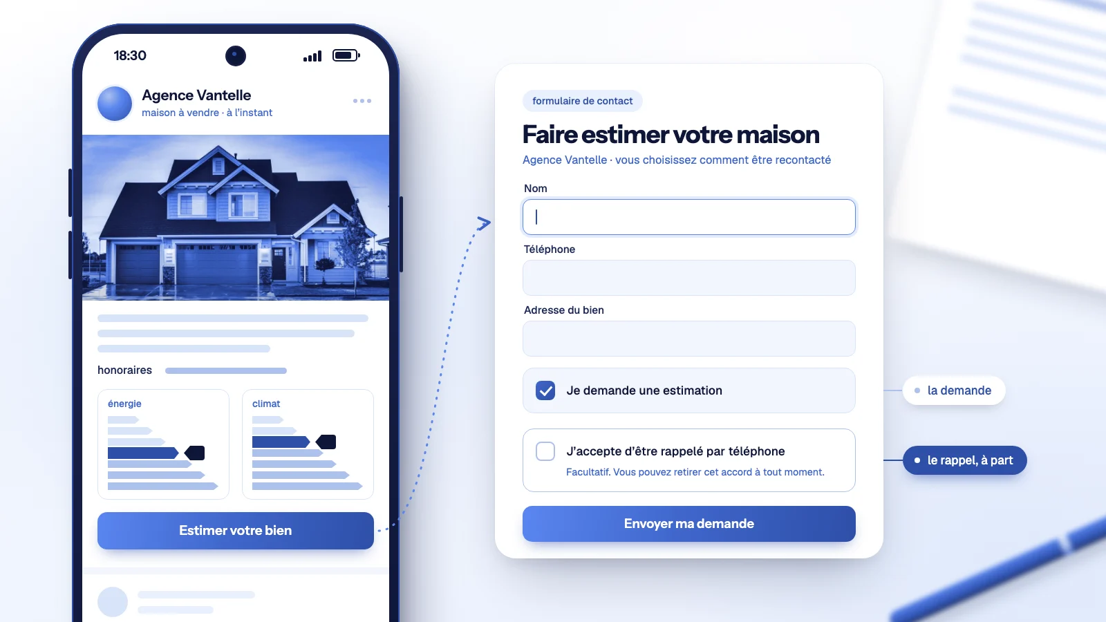 Publication Facebook d’une agence immobilière sur un téléphone : maison, honoraires, étiquettes énergie et climat ; à côté, un formulaire où le rappel se coche à part