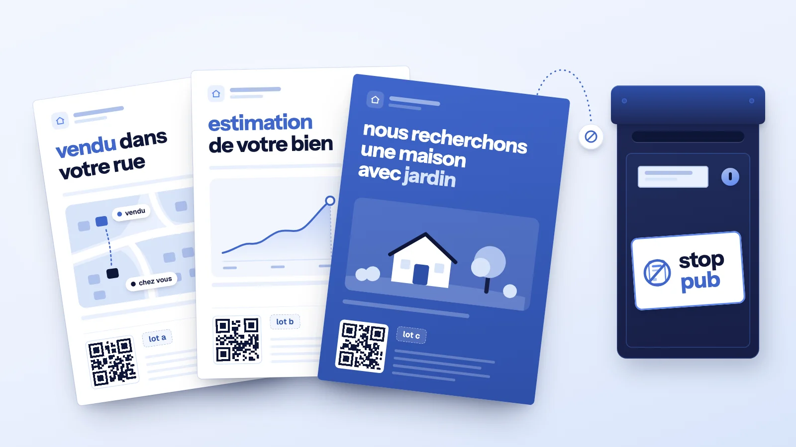 Trois modèles de flyer immobilier en éventail, chacun avec code QR et étiquette de lot, face à une boîte aux lettres « stop pub » à la fente vide