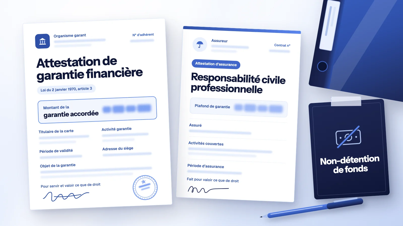 Dossier garantie financière agent immobilier : attestation du garant au montant flouté, attestation RC pro et affichette « Non-détention de fonds »