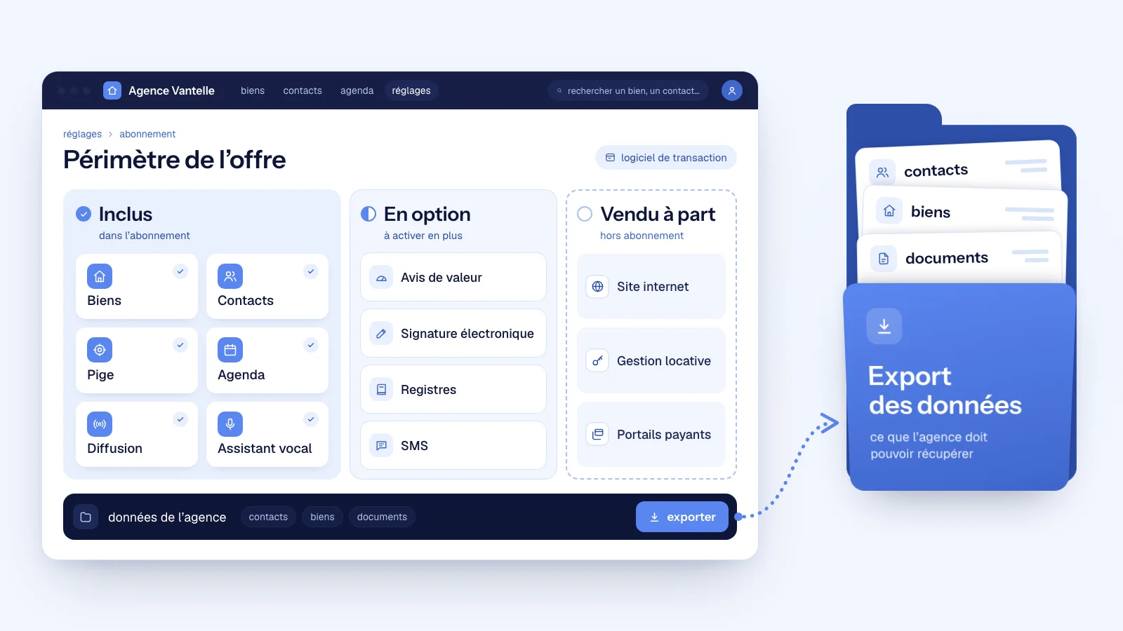 Hektor, logiciel immobilier : une fenêtre générique classe les modules en inclus, en option et vendus à part, puis une flèche mène à l’export des données