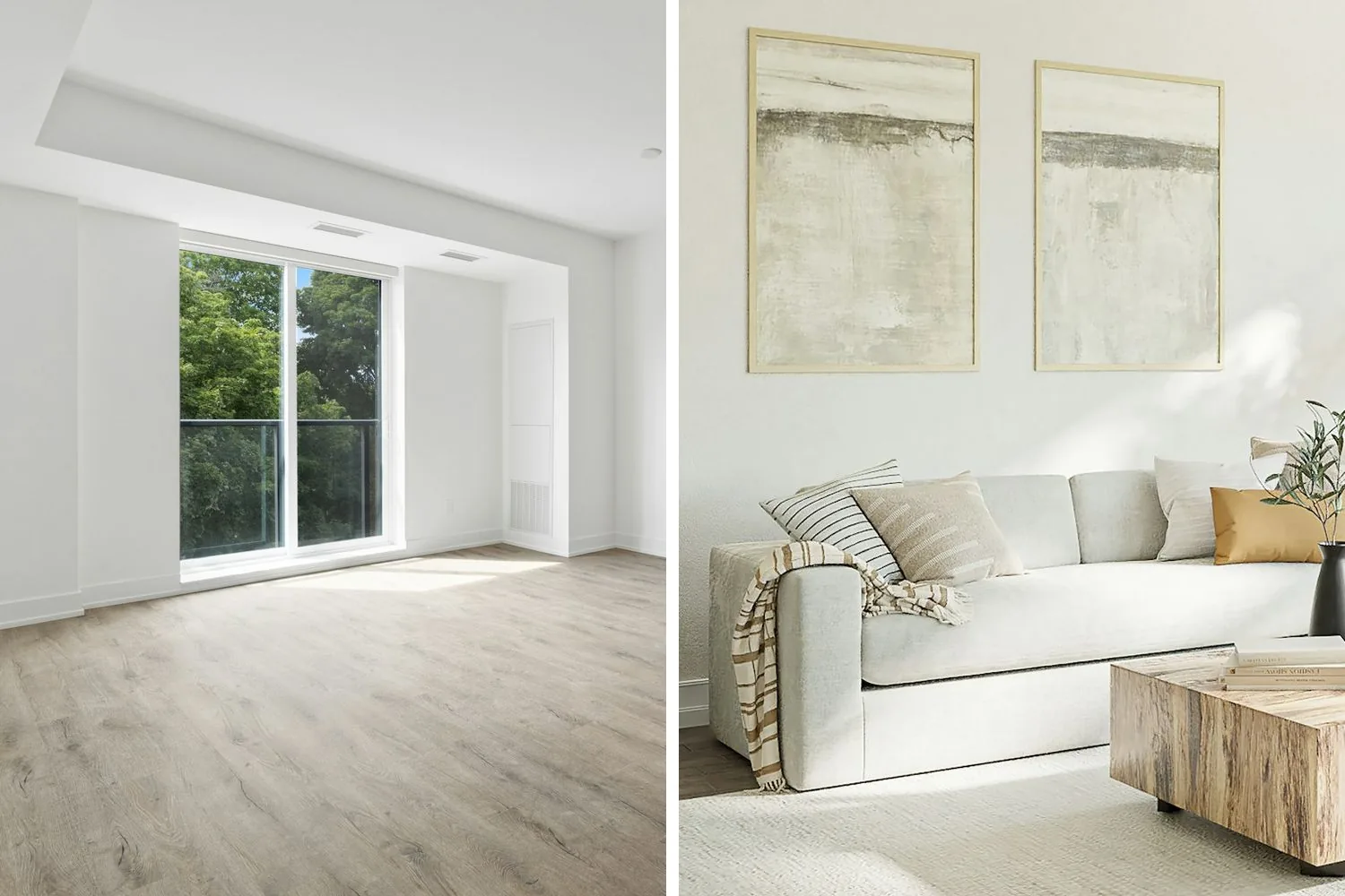 La même pièce présentée côte à côte : à gauche telle qu’elle a été photographiée, à droite avec un mobilier ajouté par-dessus