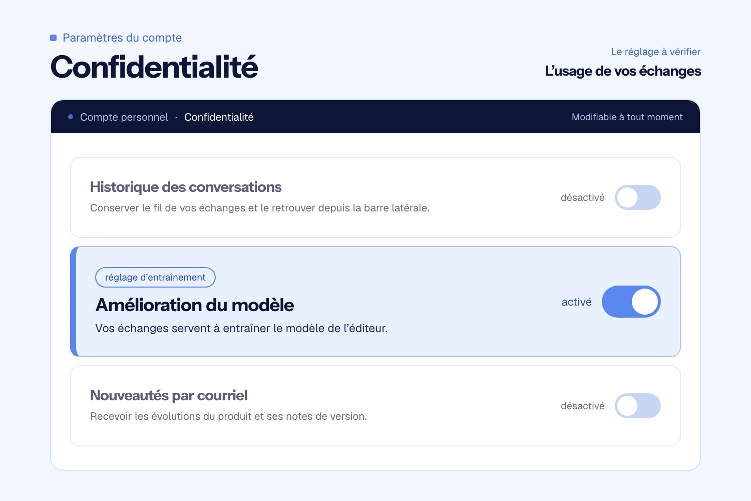 Interrupteur de réglage de confidentialité sur un écran, position active en bleu