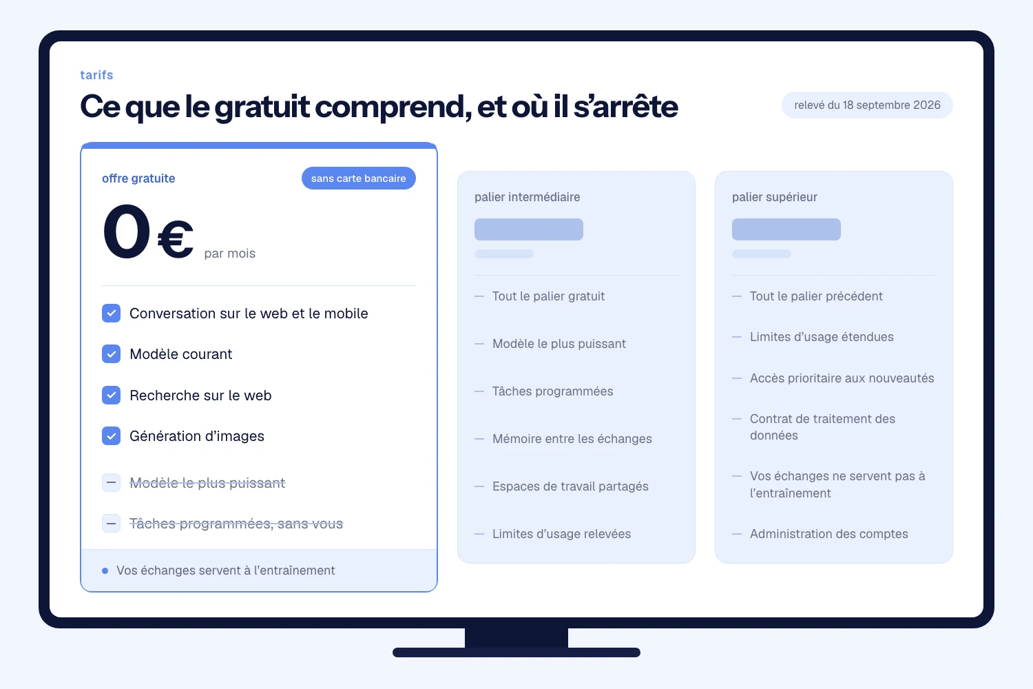 Grille de tarifs affichée sur un écran, avec une colonne à zéro euro au premier plan