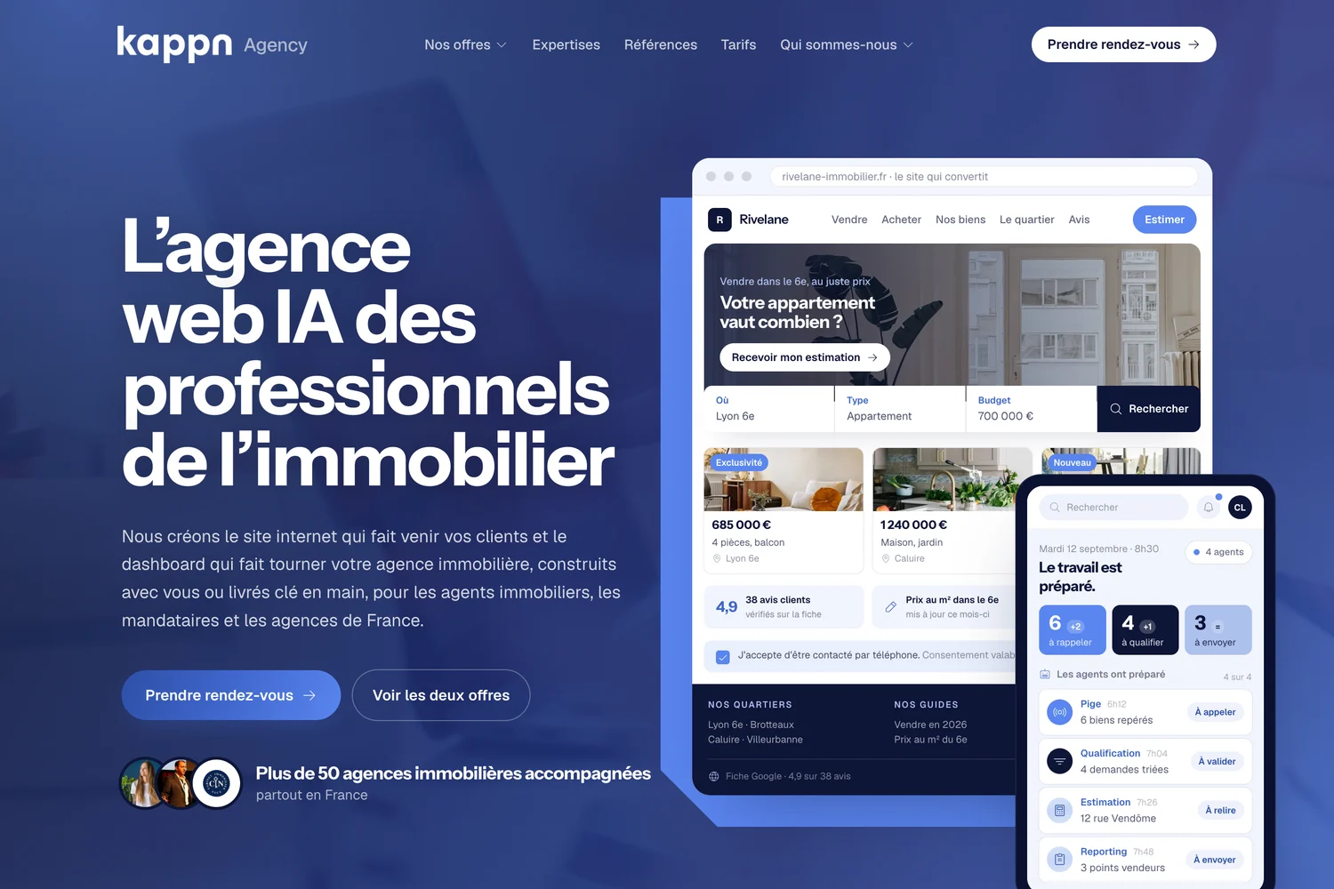 Page d’accueil de Kappn Agency annonçant le site internet et le dashboard à agents IA