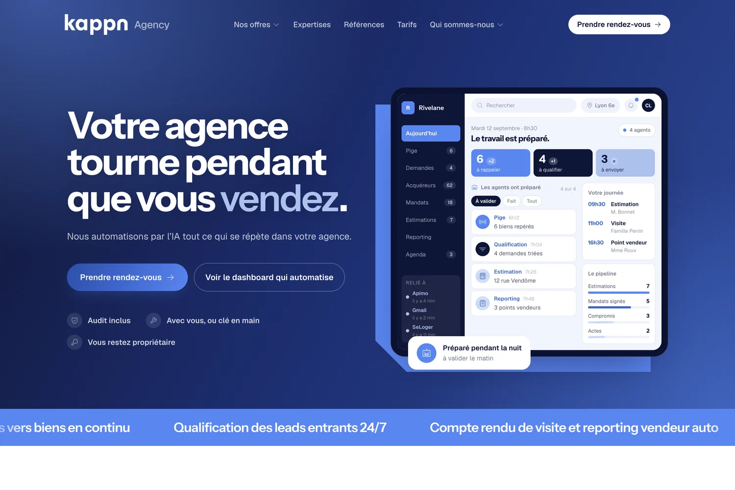 Page des automatisations IA de Kappn Agency, avec les agents ranges par objet du métier