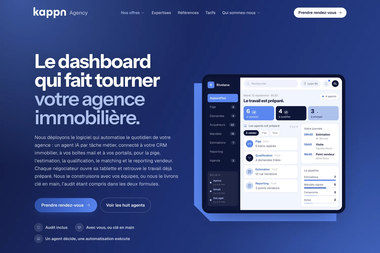 Tableau de bord Kappn Agency avec ses agents IA reliés au logiciel métier