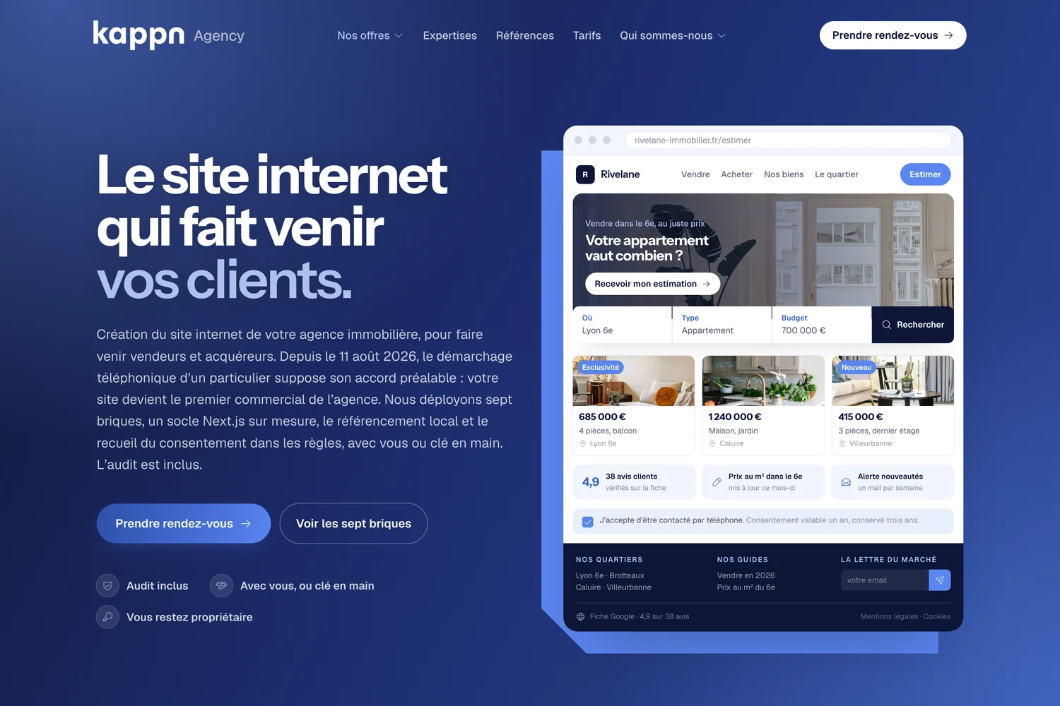 Présentation du site internet construit par Kappn Agency pour une agence immobilière