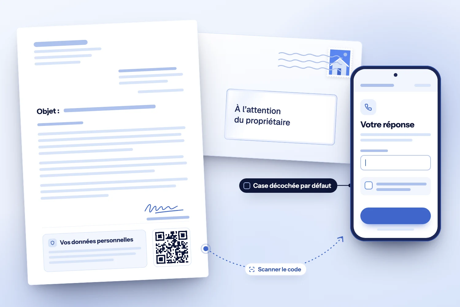 Lettre de prospection stylisée à code QR, posée sur son enveloppe « À l’attention du propriétaire », près d’un téléphone où la case de rappel est décochée