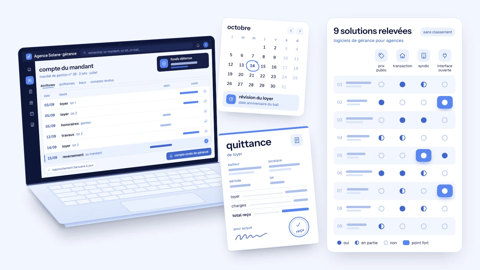 Logiciel de gestion locative professionnel : compte d’un mandant sur un portable, quittance de loyer, date de révision entourée et grille de neuf solutions