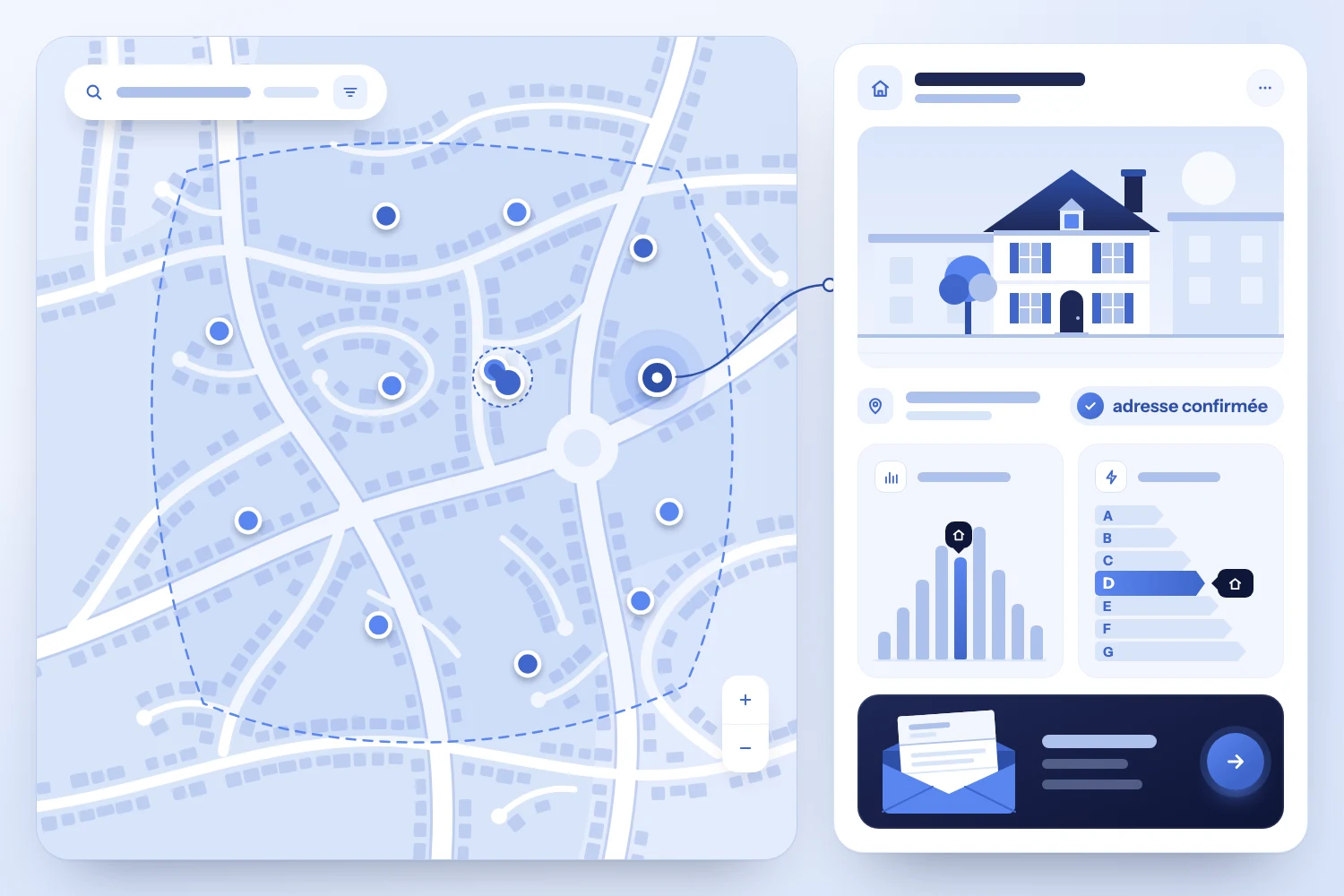Carte d’un quartier résidentiel semée de repères bleus, dont deux fusionnés, reliée à une fiche de bien : façade, adresse confirmée, DPE et lettre prête.