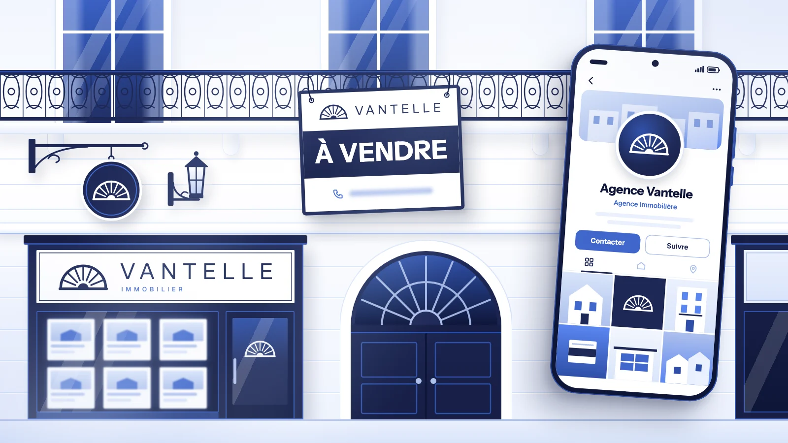 Logo agence immobilière fictif décliné sur une façade parisienne : enseigne, panneau À vendre accroché au balcon et profil de l’agence sur mobile