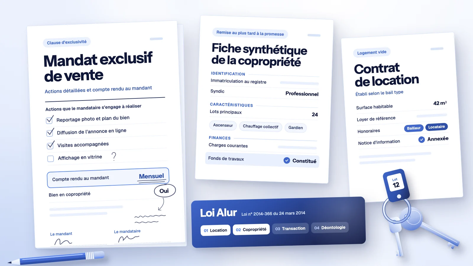 Mandat exclusif annoté au crayon, fiche synthétique de copropriété, bail d’habitation et trousseau de clés : les documents d’agence touchés par la loi Alur