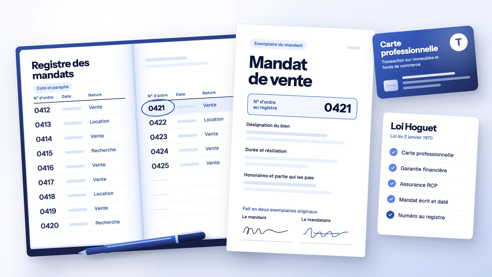 Loi Hoguet : registre des mandats coté et paraphé ouvert au n° 0421, mandat de vente signé portant le même numéro, carte professionnelle T et liste de contrôle de la loi du 2 janvier 1970