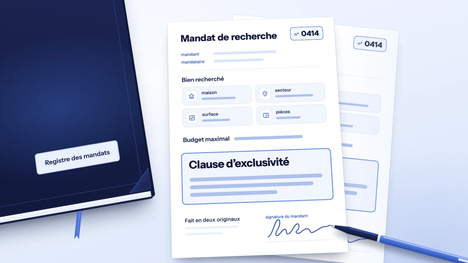 Mandat de recherche immobilier n° 0414 : bien recherché, budget maximal, clause d’exclusivité en gros caractères, signature du mandant et second original