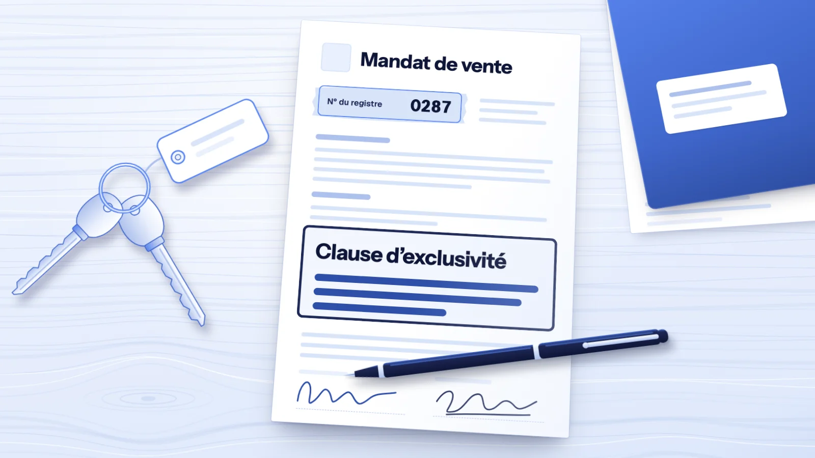 Un mandat immobilier de vente posé sur un bureau, avec son numéro de registre surligné, une clause d’exclusivité encadrée, deux signatures et un stylo