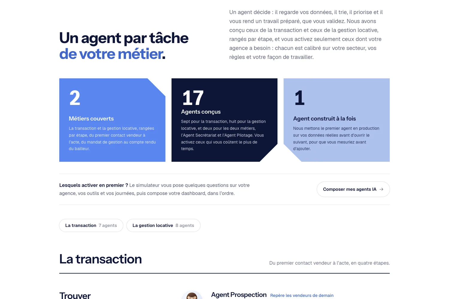Section de la page agents IA de kappn.fr : deux métiers couverts, dix-sept agents conçus, un agent construit à la fois