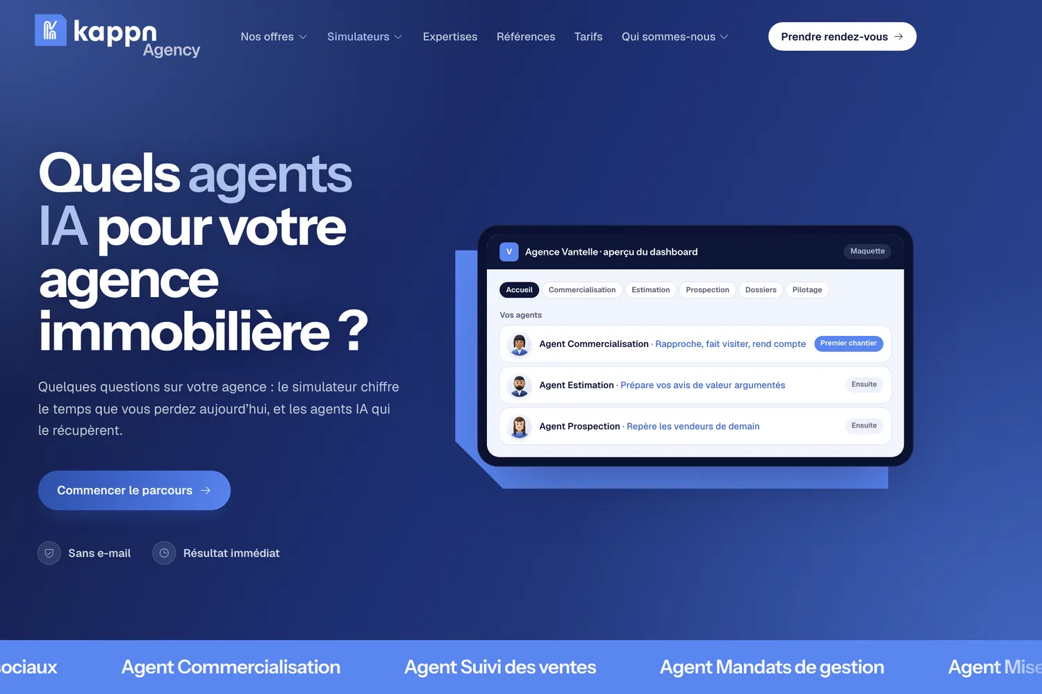 Page du simulateur d’agents IA de kappn.fr, avec l’aperçu d’un dashboard d’agence de démonstration et trois agents classés par ordre de construction