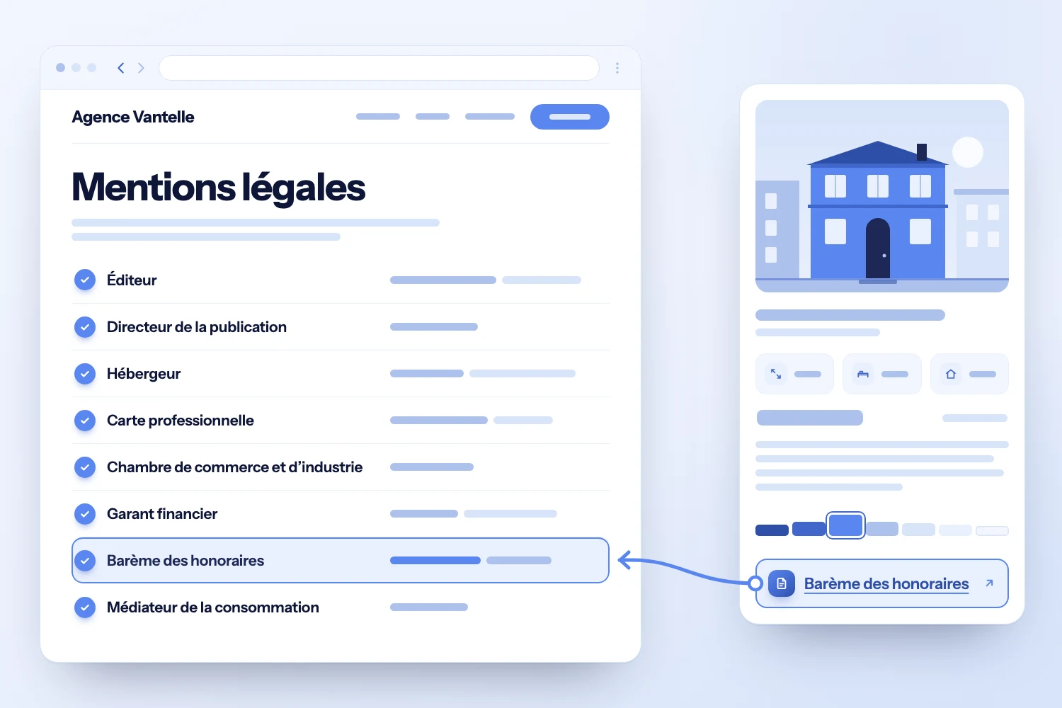Navigateur ouvert sur la page « Mentions légales » d’une agence fictive, huit rubriques cochées, et une fiche de bien fléchée vers le barème des honoraires