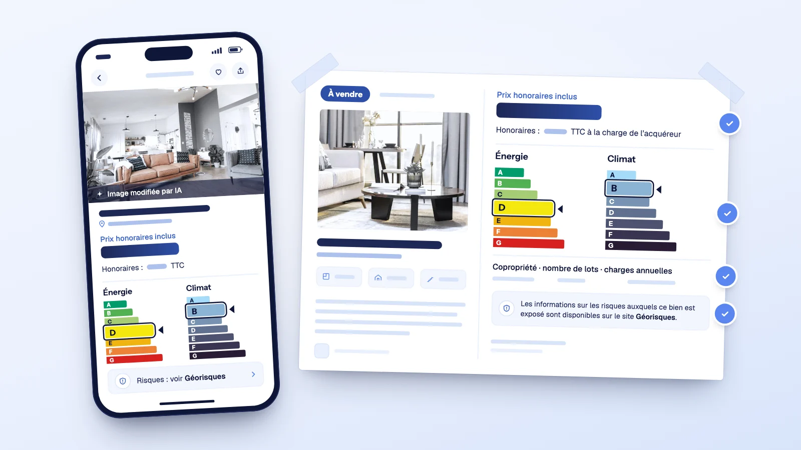 Mentions obligatoires d’une annonce immobilière sur un téléphone et une affichette de vitrine : bandeau d’image modifiée par IA, prix et honoraires, étiquettes énergie et climat en couleur, copropriété, Géorisques
