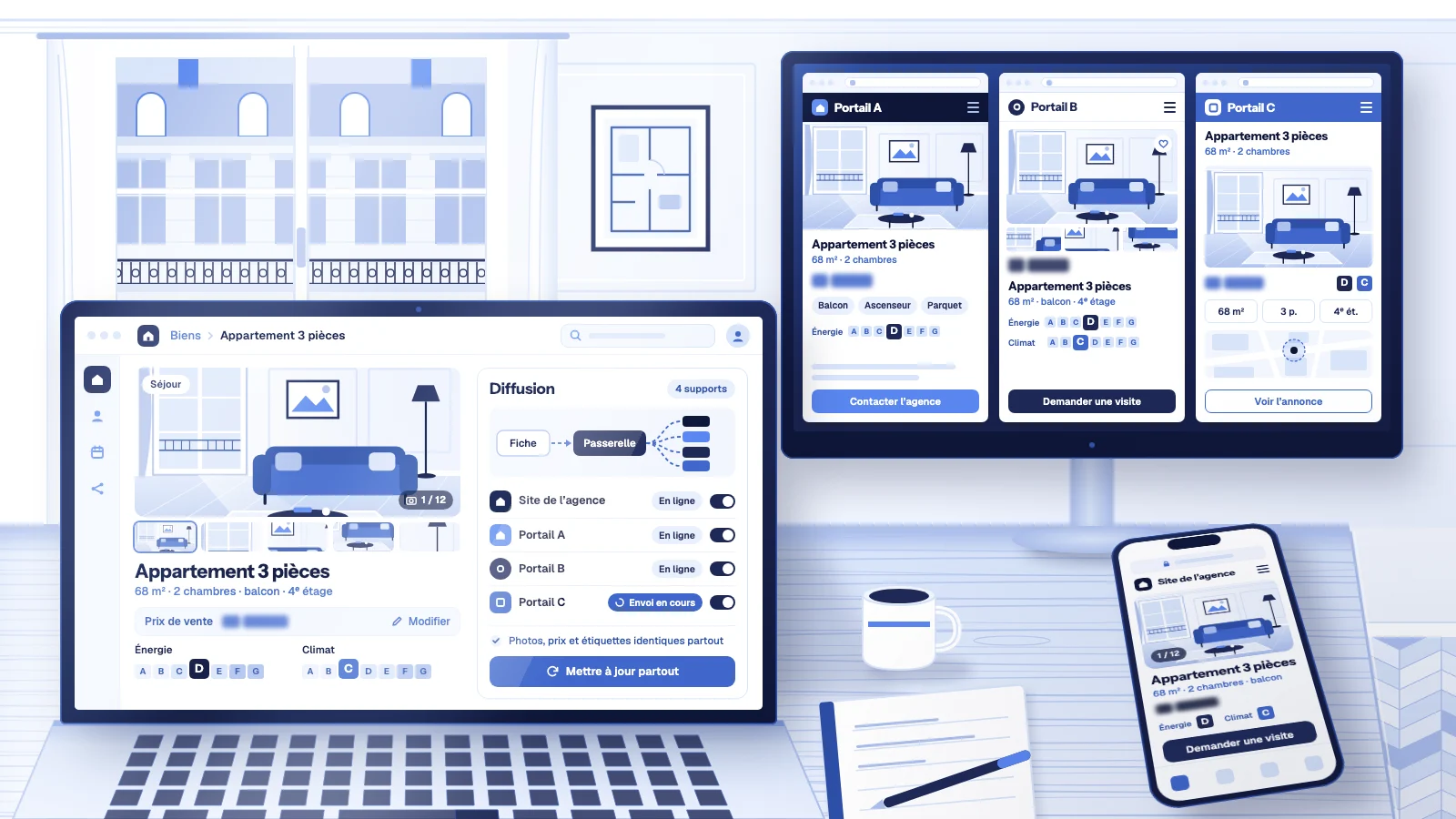 Bureau d’agence à Paris : la multidiffusion immobilière d’un appartement, de la fiche du logiciel vers trois portails d’annonces et le site de l’agence