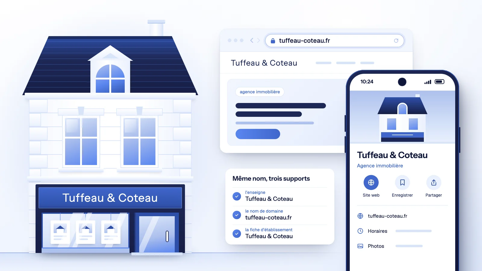 Nom d’agence immobilière « Tuffeau & Coteau » écrit à l’identique sur l’enseigne d’une façade en pierre, dans une barre d’adresse et sur une fiche d’établissement affichée sur un téléphone