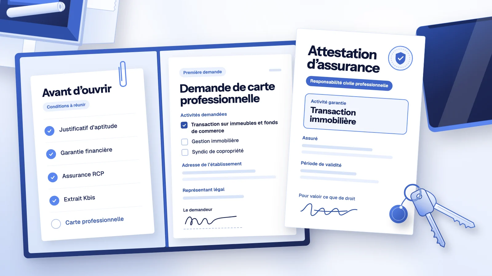 Dossier pour ouvrir une agence immobilière, avec check-list des conditions, demande de carte professionnelle, attestation d’assurance et clés neuves.