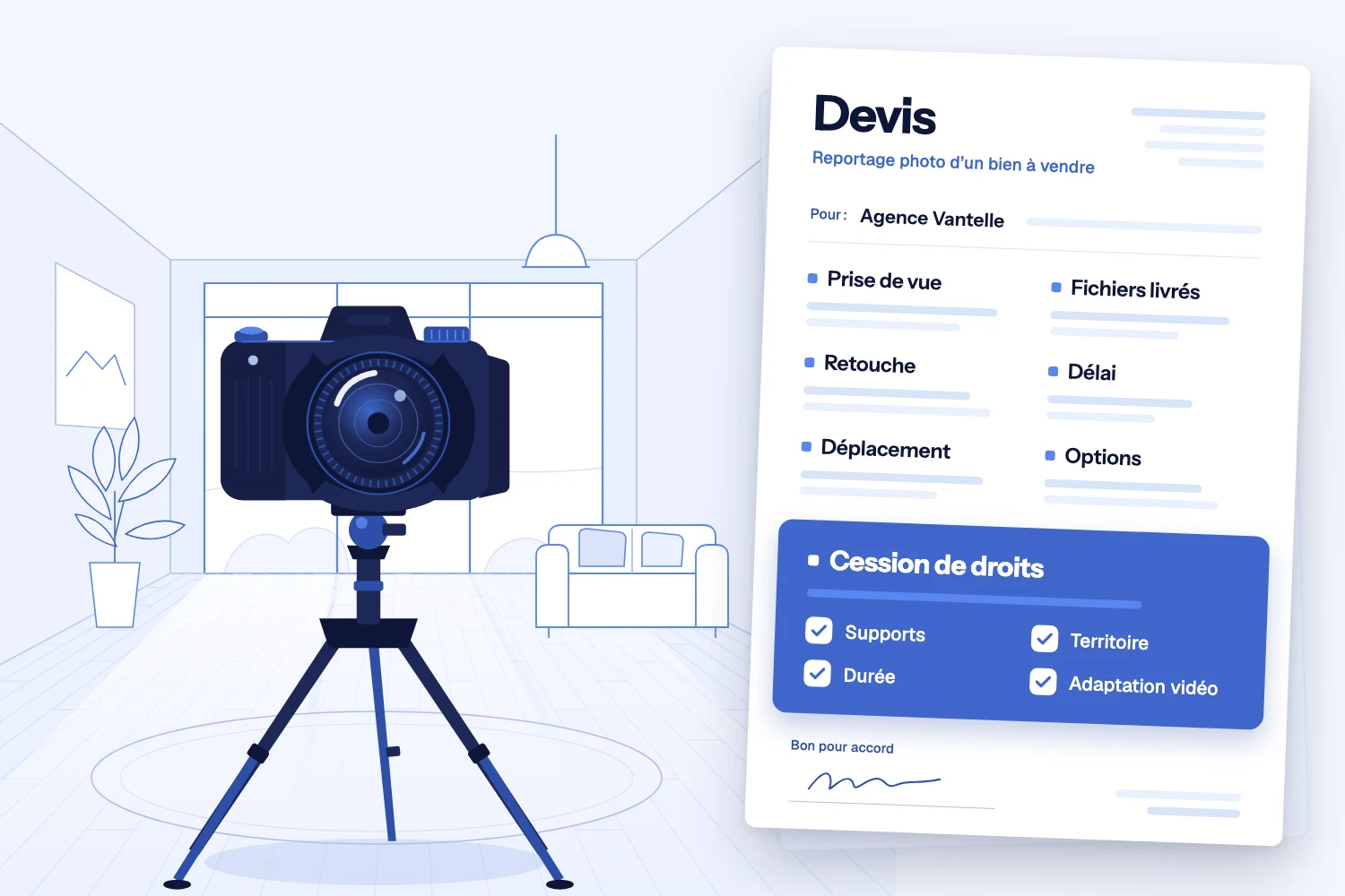 Appareil photo sur trépied devant un séjour dessiné au trait, à côté d’un devis dont la rubrique « Cession de droits » est surlignée en bleu, avec ses quatre cases cochées.