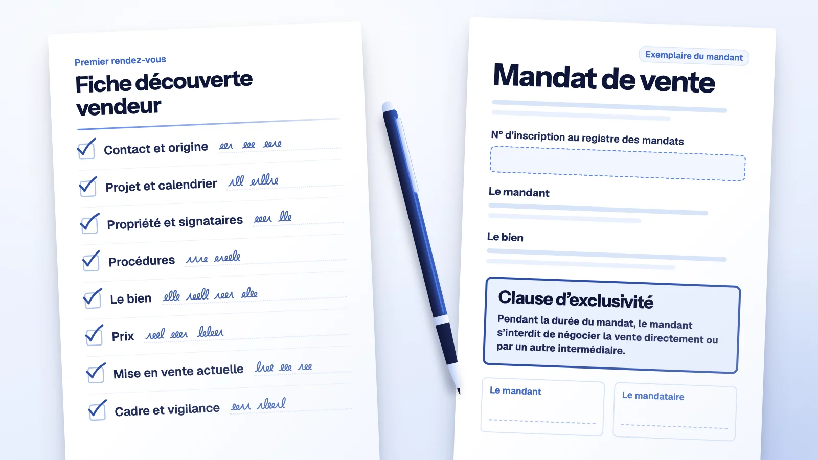 Prise de mandat immobilier : fiche découverte vendeur aux huit rubriques cochées, un stylo et un mandat de vente à clause d’exclusivité encadrée