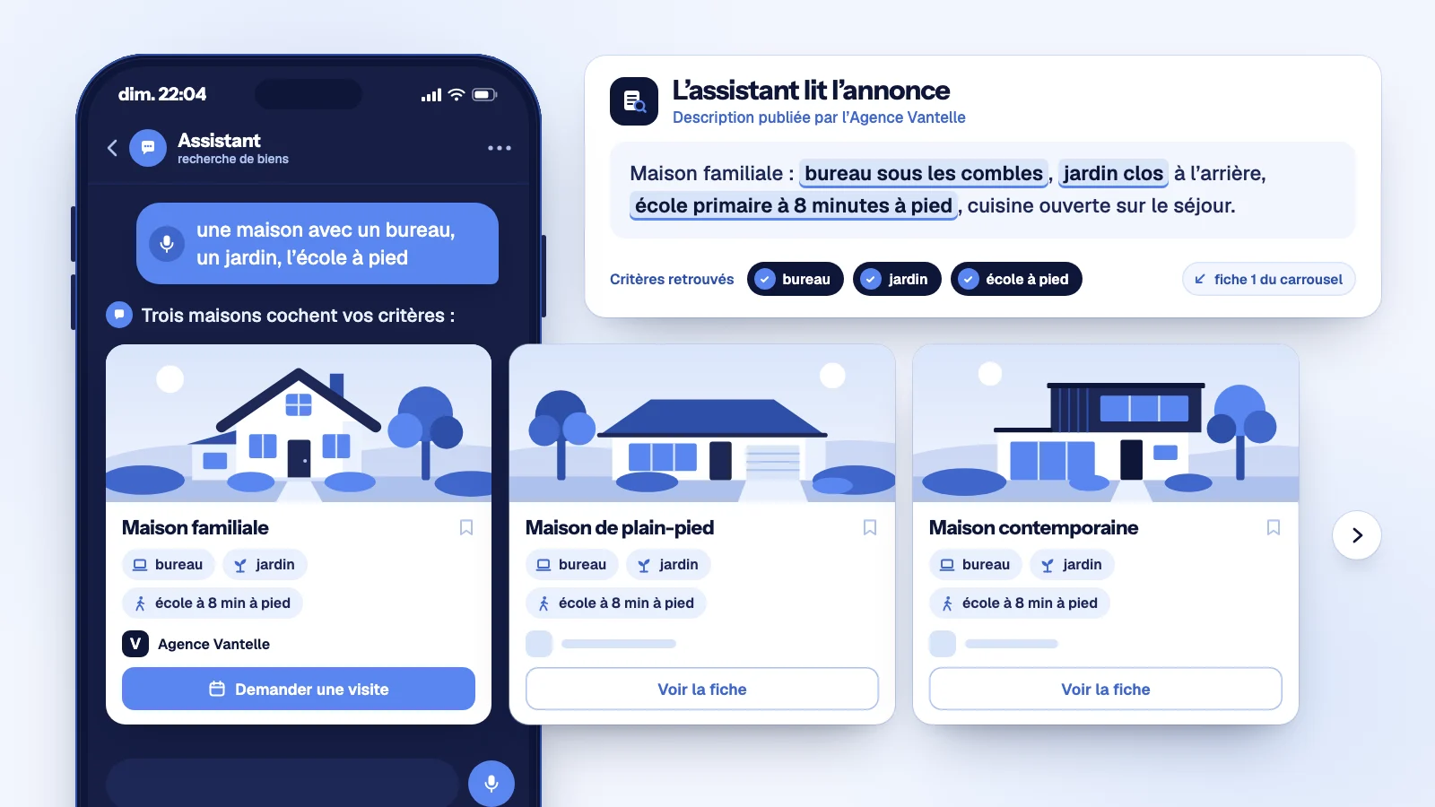 IA recherche immobilière : sur son téléphone, un acquéreur dicte sa demande et l’assistant répond par trois maisons avec bureau, jardin et école à pied