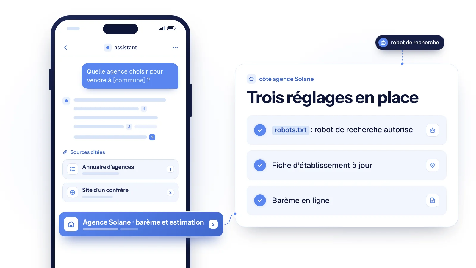 Un assistant IA sur téléphone cite l’Agence Solane parmi ses sources, à côté de trois réglages utiles pour être référencé sur ChatGPT