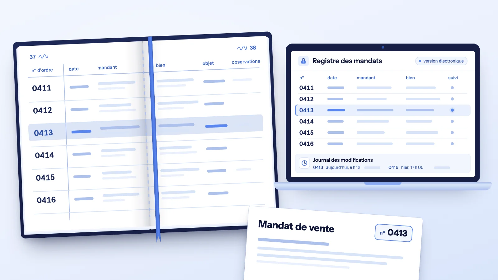 Registre des mandats relié ouvert aux numéros d’ordre 0411 à 0416, la même suite sur l’écran d’un ordinateur portable et un mandat de vente n° 0413