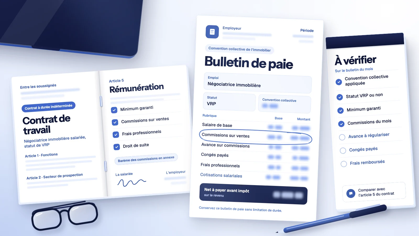 Salaire agent immobilier ligne par ligne : bulletin de paie d’une négociatrice VRP aux commissions entourées, près de son contrat de travail et d’une liste à vérifier