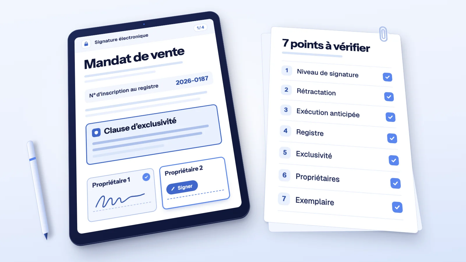 Signature électronique d’un mandat de vente sur tablette : clause d’exclusivité, deux champs propriétaires et fiche des 7 points à vérifier