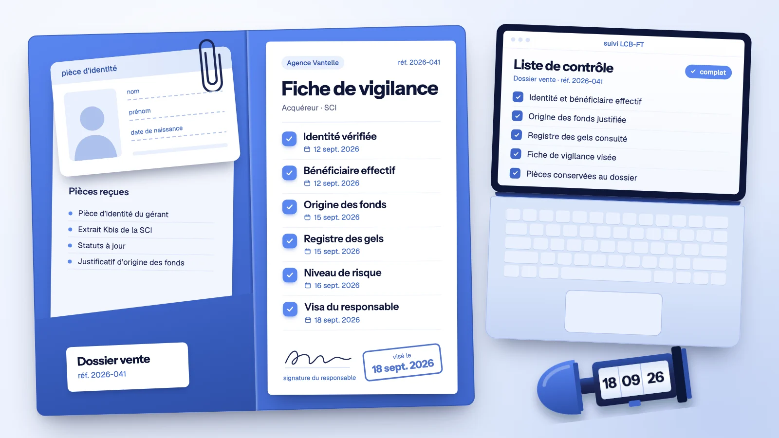 Dossier Tracfin d’un agent immobilier : fiche de vigilance aux six rubriques cochées et datées, pièce d’identité anonyme, liste de contrôle à l’écran et tampon dateur