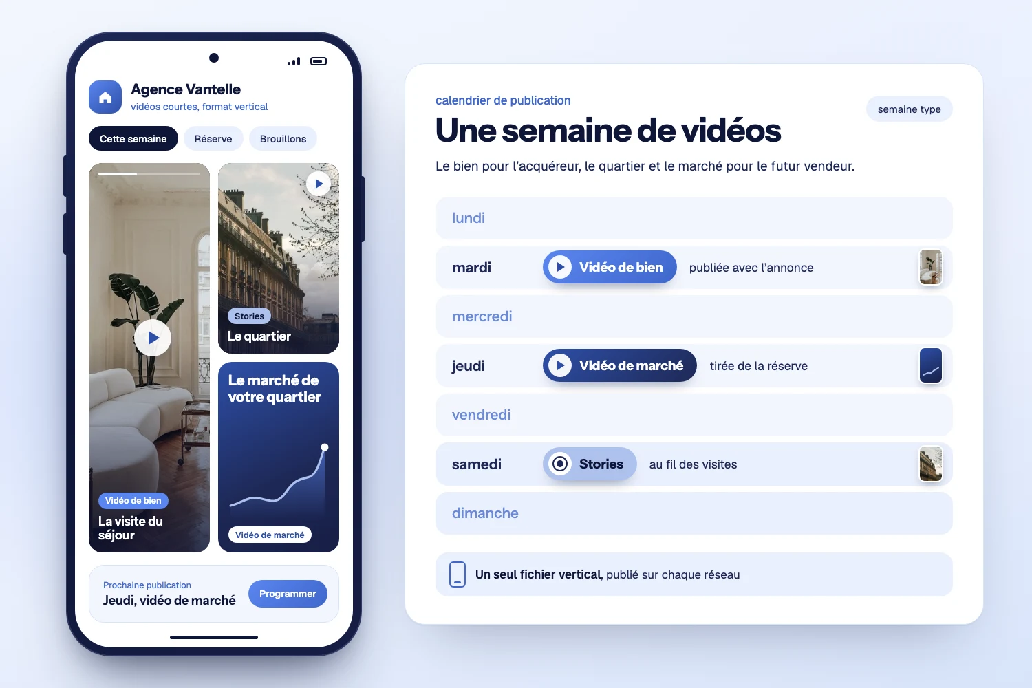 Un téléphone à la verticale affiche trois vidéos courtes, un séjour, une rue et le marché du quartier, près d’un calendrier de la semaine à trois pastilles